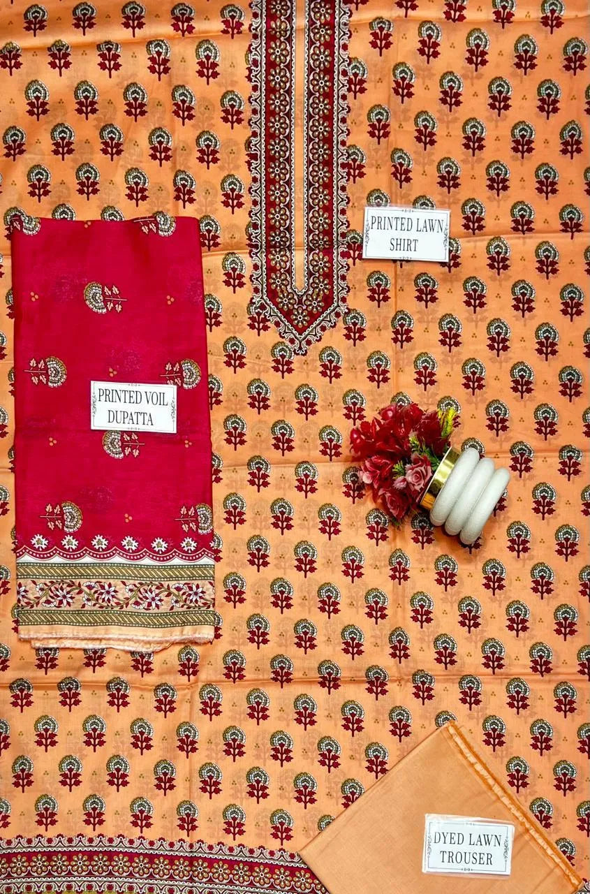 Peach Printed Lawn 3Pcs